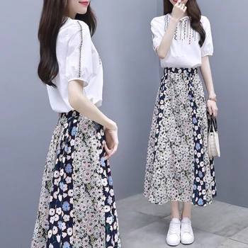 

Office Lady O-neck Sets Of Clothes For Women Sashes Embroidery Women's Summer Suit Pastel Floral Women Sets Clothes