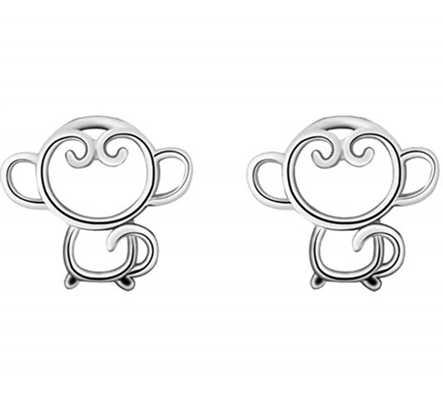 

VOJEFEN 925 Sterling Silver Vintage Lovely Hollow Monkey Charm Women Stud Post Earrings Cartoon Silver Korean Earrings Jewelry