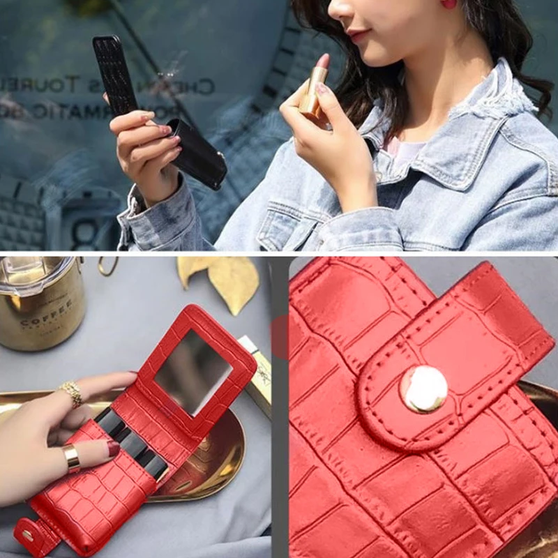 Portable Lipsticks Bags Makeup Organizer Women Girls Mini Lipstick Bag Mirror Beauty Cosmetics Holder Case Accessories