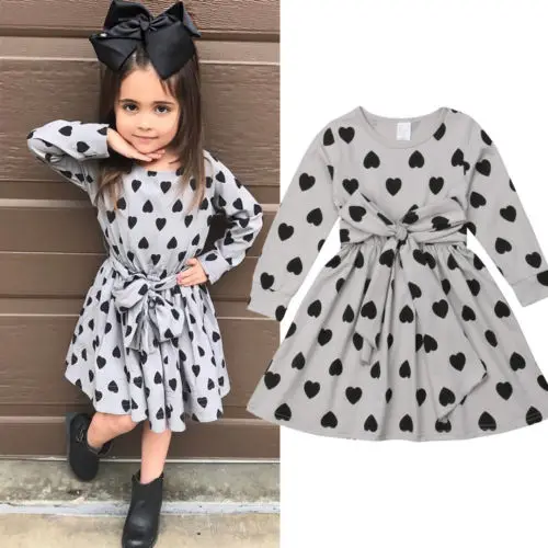 

New Lovely Baby Girls Autumn Spring Dress Long Sleeve Waistband Belt Clothes Heart Print Toddler Stylish Cotton Gray Dress