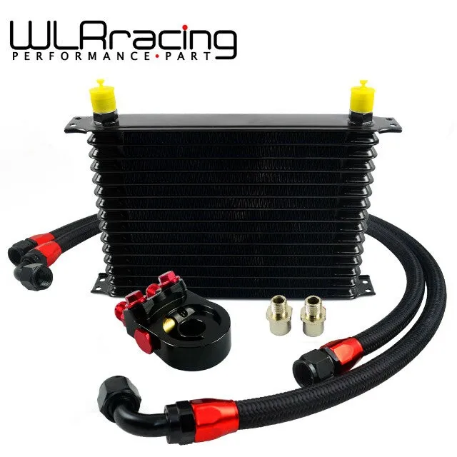 

WLR- Universal 15 ROWS Trust type OIL COOLER +AN10 Oil Sandwich Plate Adapter with Thermostat+2PCS NYLON BRAIDED HOSE LINE BLACK
