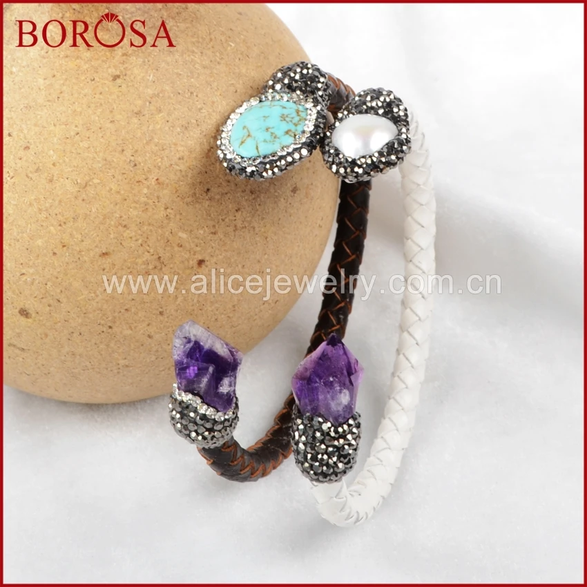 

BOROSA natural pearl & raw purple crystal quartz bangle, blue howlite stone leather wrapped on band druzy bangle pave cz JAB442