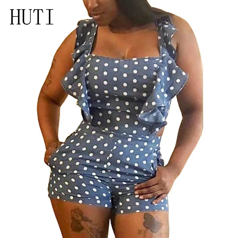 

HUTI Summer High Quality Sexy Women Backless Skinny Jumpsuits Bot Sleeveless Hollow Out Bosycon Bandage Ruffles Playsuits