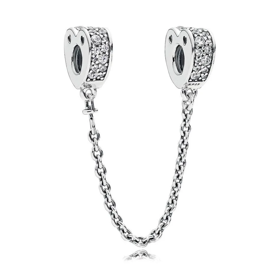

S925 Silver DIY Jewelry Sparkling Arcs of Love Safety Chain Charms fit Pandora Bracelets & Bangles Clear CZ