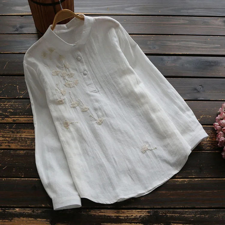 

5548 spring women shirt flower embroidery linen long sleeve shirt embroidered solid peter pan collar Japan style blouse women