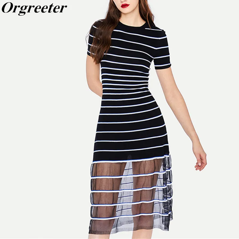

Simple Elegant Fashion Striped Knited Short Sleeve Women Thin Sweater Dress Contrast color Mesh Stitching Pullovers Dress