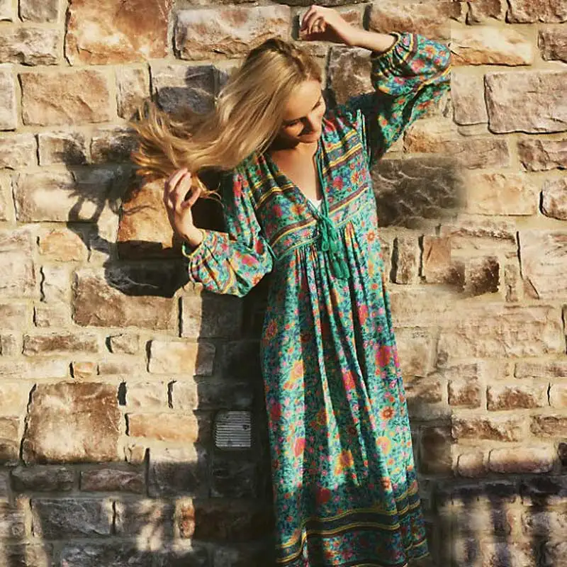 Boho Hippie Summer Dress Bohemian Floral Print Long Sleeve Tassel Long 