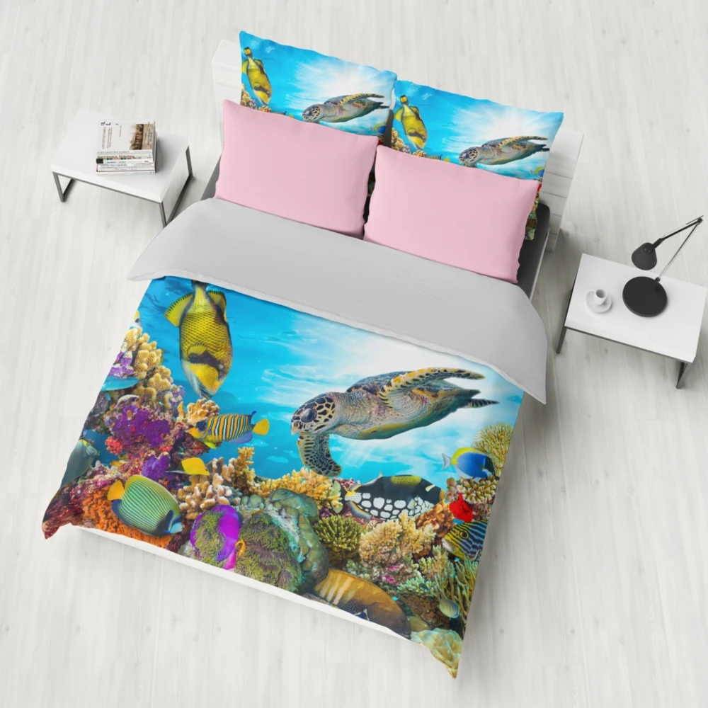 

Dropshipping Bedding set 2/3pcs 3D Bedding Sets blue Print ocean fish Shell Duvet cover sets Marine turtle