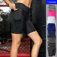 Женские Эластичные плотные спортивные шорты для бега, тренировка бега трусцой, спортивные женские быстросохнущие Компрессионные шорты с карманом 2034