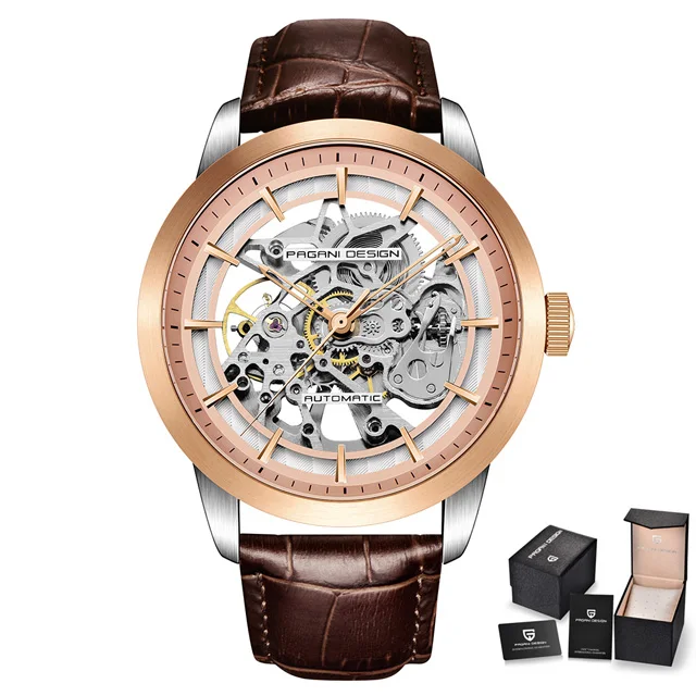 Механические часы PAGANI Дизайн Роскошные мужские деловые механические часы кожаный Скелет Полые часы водонепроницаемые мужские автоматические - Цвет: Brown gold
