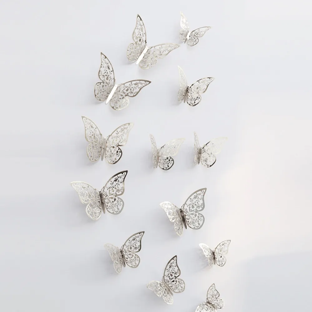 12 Pcs/Set 3D Wall Stickers Butterfly Hollow Paper 3Sizes Silver Gold For Fridge Stickers Home Party Wedding Decor