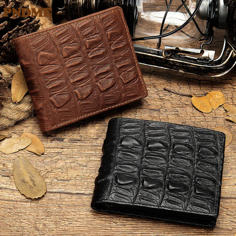 

PNDME vintage Men's genuine leather wallet crocodile pattern embossed first layer cowhide coin card bag Coin Purses