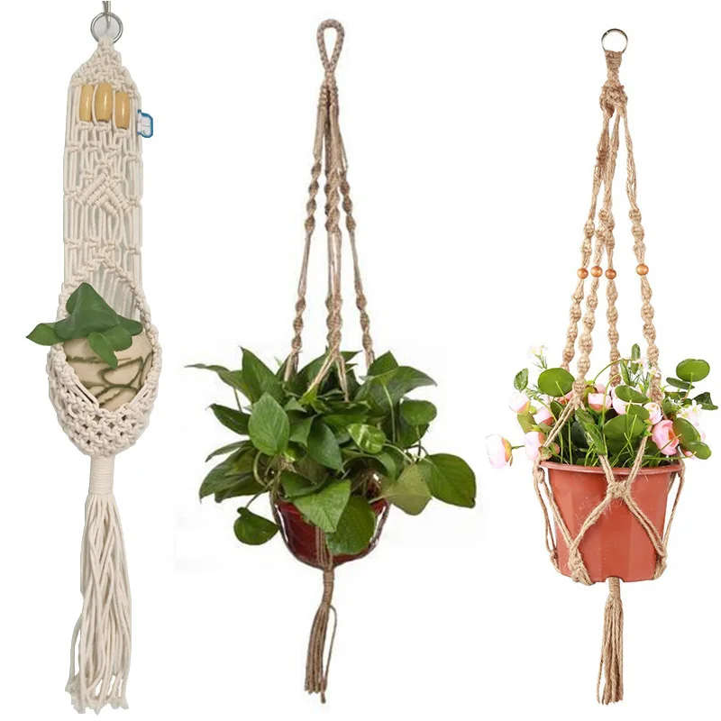 

New Arrival 75cm Handcrafted Braided Macrame Jute Hanging Rope Flower Pot Holder Plant Hange For Garden Wedding Decoration