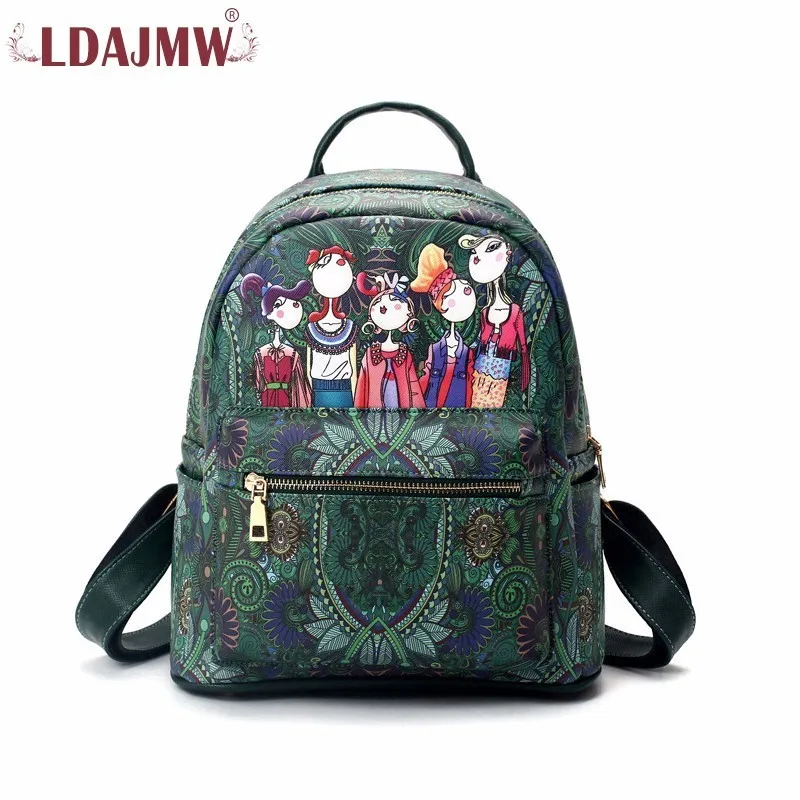 

LDAJMW Women Backpack PU Leather Backpacks Green Forest Cartoon Printing Teenagers Girls School Bags