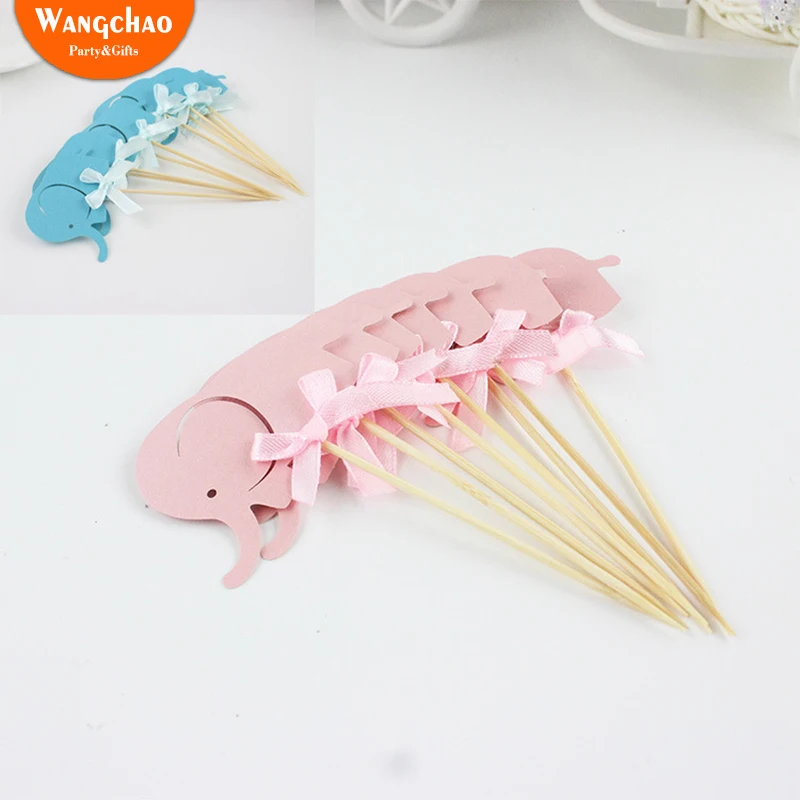 

10pcs/lot Blue Elephants Cake Topper Pink Inserts Bamboo Sticks Desserts Table happy Birthday Party Decorations Kids Cupcake