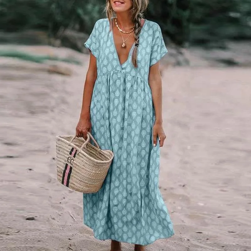 Elsvios, женское платье в стиле бохо с v-образным вырезом и цветочным принтом, летнее пляжное длинное платье с коротким рукавом, женские свободные платья размера плюс S-5XL, Vestido - Цвет: blue