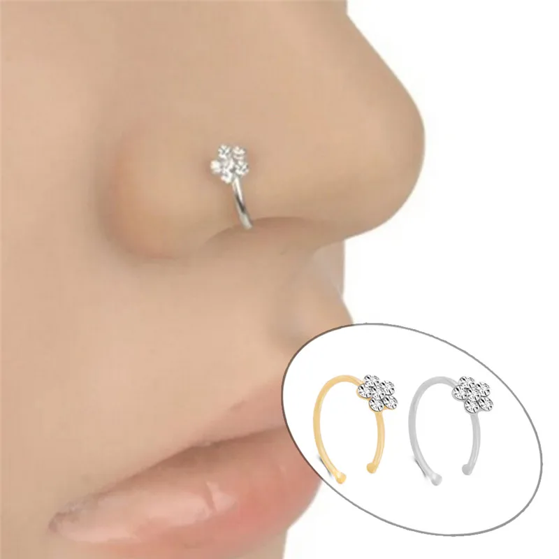 

New1 pcs Stainless Steel Circular Circular Punk Small Thin Clear Rhinestone Nose Ring Flower Lip Ear Nose Clip On Fake Piercing
