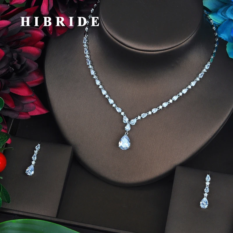 

HIBRIDE Brilliant Water Drop Shape Cubic Zirconia Women Bridal Jewelry Sets Necklace Set Wedding Dress Accessories Gifts N-441