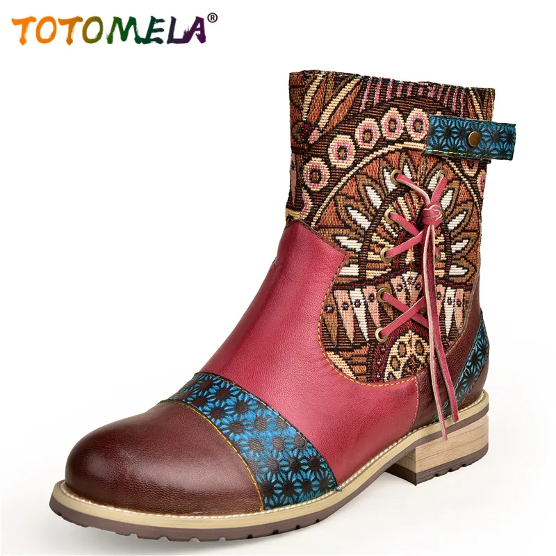 

TOTOMELA 2019 new vintage genuine leather boots zipper round toe mixed color ladies shoes autumn winter ankle boots women