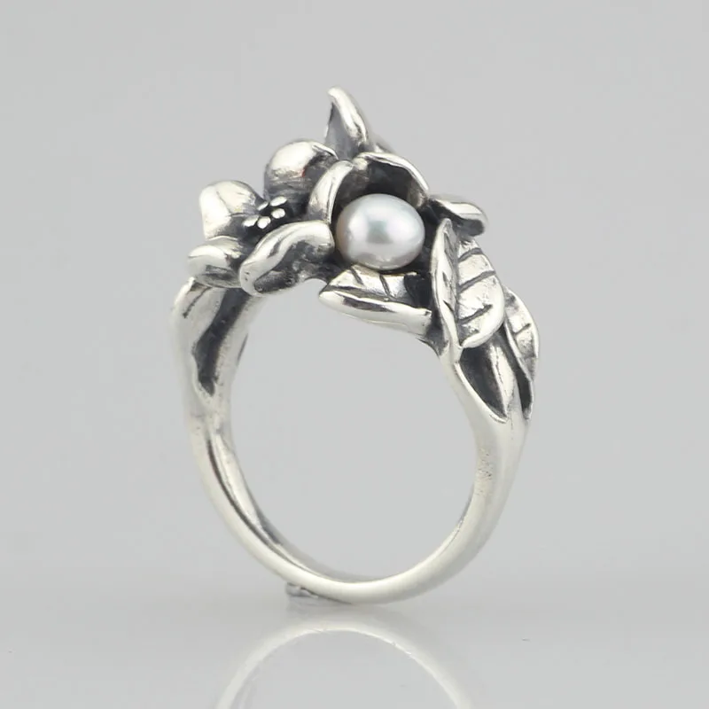 

Sterling 925 Silver Hawthorn With Pearl Ring Troll Style Flowers With Leafs Ring Woman DIY Charms Beads Jewelry Inner Size 16mm