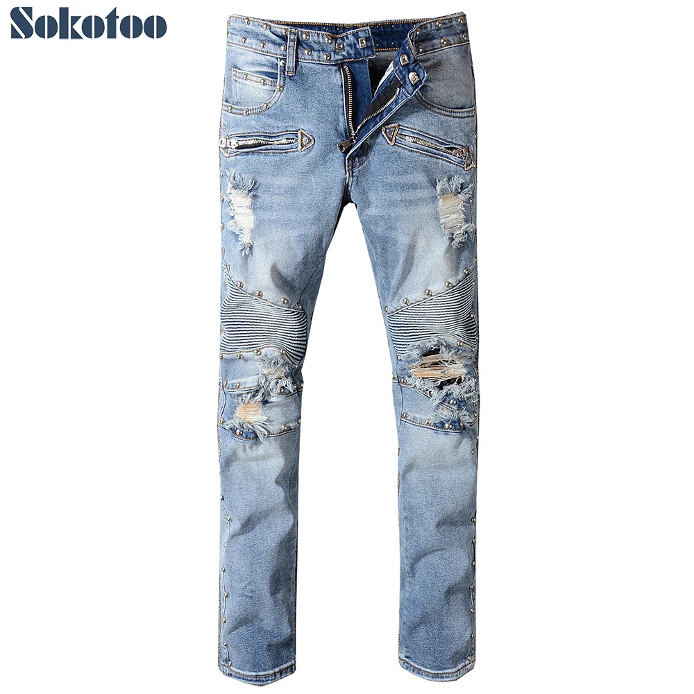 

Sokotoo Men's rivet medium blue ripped biker jeans for moto Plus size slim straight distressed stretch denim pants