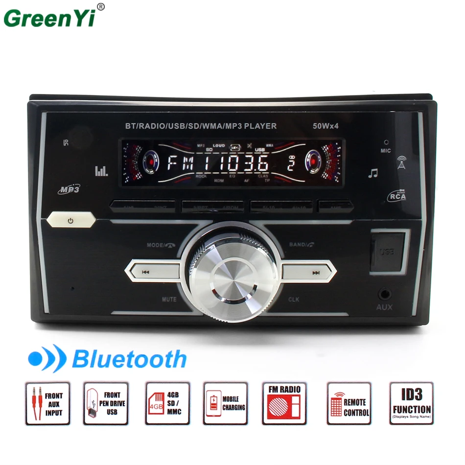 

GreenYi Bluetooth Car Stereo Radio MP3 Player Support BT/FM/USB/SD Remote Control 1din Autoradio Hands-free Call Time Display
