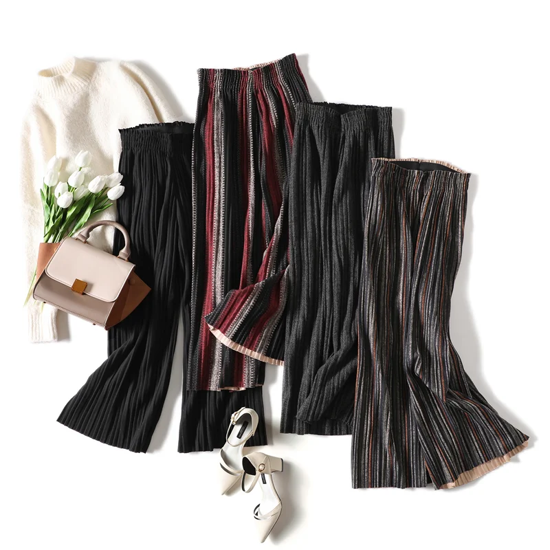 2020 New Autumn Winter Woolen Wide Leg Pant Drape Harem Pant Women Elastic Waist Pleated Trousers Pleated Pant Thick Flared Pant
