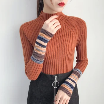 

2018 New Women's Sweaters and Pullovers Autumn Winter Pullover Patchwork Female Half-High Collar Long Sleeve Knitted Jumper Tops