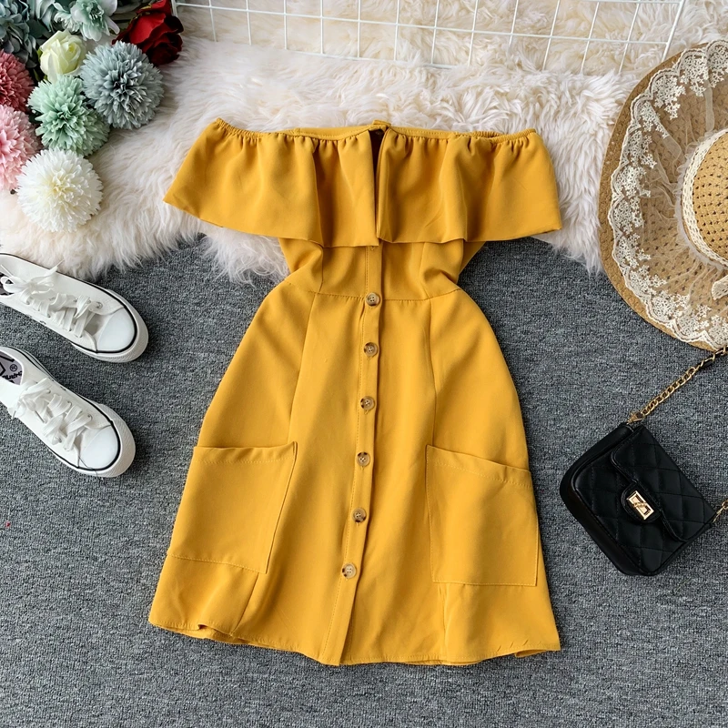 

Off Shoulder Ruffle Dress Beach Boho Summer Tunic Short Korean Yellow White Black Sexy Backless Elegant Dress Women Vestidos