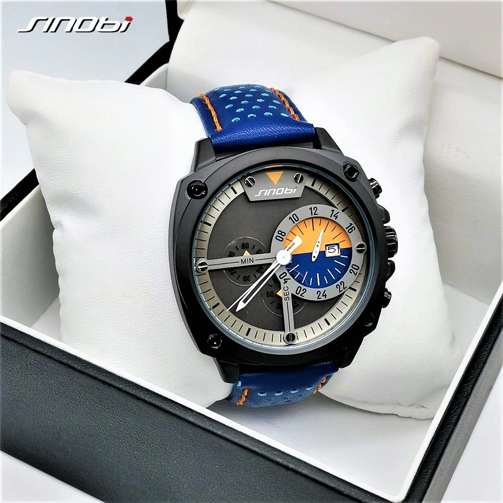 SINOBI رجل الساعات أعلى الفاخرة العلامة التجارية للماء الرياضة ساعة معصم كرونوغراف كوارتز العسكرية جلد طبيعي Relogio Masculino SINOBI رجل الساعات أعلى الفاخرة العلامة التجارية للماء الرياضة ساعة معصم كرونوغراف كوارتز العسكرية جلد طبيعي Relogio Masculino
