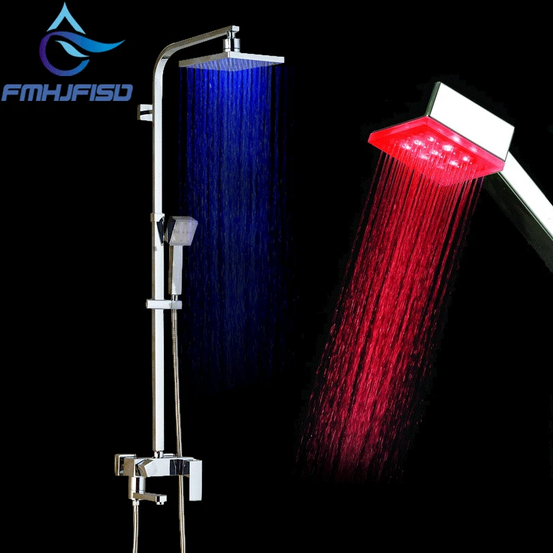 

8 inch LED Shower Faucet Column Chrome LED Changing Colors Handshower Rotate Spout Bath Shower Mixer Tap Bath Faucets Set