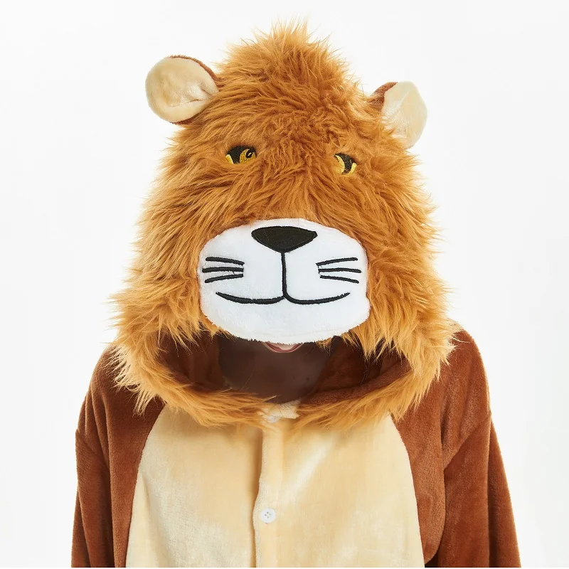 Кигуруми Лев длинный рукав с капюшоном Onesie Мужчины Женщины фланель для взрослых