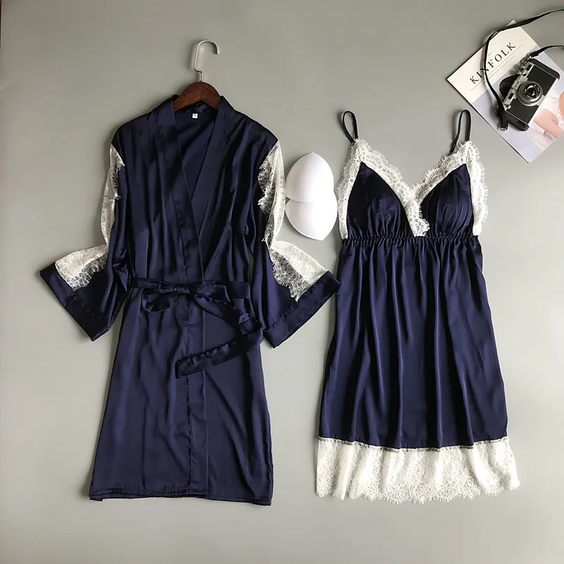 

QWEEK Robe Set Sexy Lace Women Sleepwear Robe Set Satin Night Gown Set Nightdress and Robe Set Nightdress with Robe Chest Pads