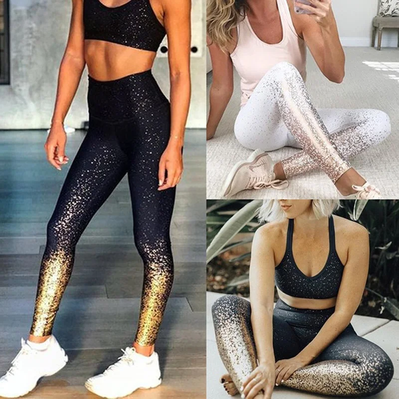Женские блестящие леггинсы с высокой талией для йоги, фитнеса, бега, спортзала, эластичные спортивные штаны, брюки
