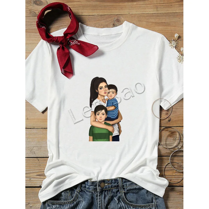 

Mom Son Graphic T-shirts Lady Mama and Two Little Boy White T-Shirt Mother Gift Summer Cotton O-Neck Soft Casual Women Tops