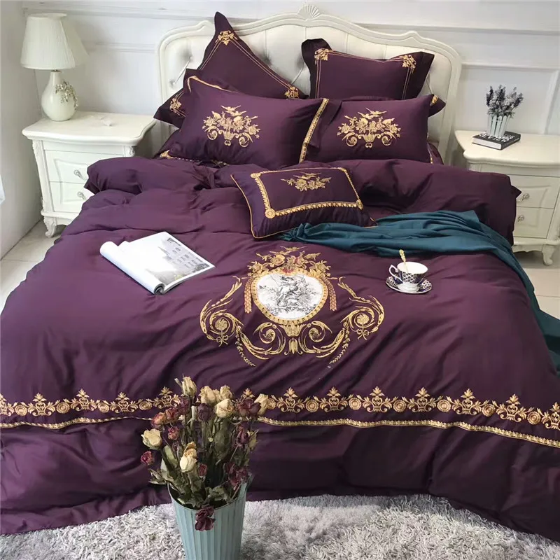 Luxury Egyptian Cotton Purple Bedding Set Modern Embroidered Duvet