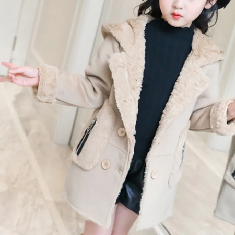 Новая куртка для маленьких девочек, детские пальто с искусственным мехом и капюшоном на осень-зиму, зимняя детская куртка, 8JK069