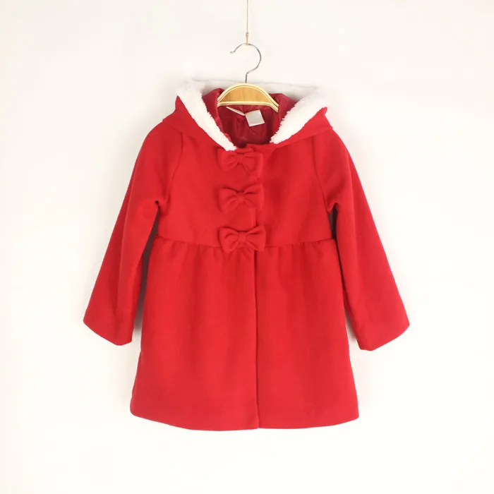 

Baby Girls Red Woolen Outerwear Jacket Girls Thicker Autumn Winter Hooded Coat Kids Red Woolen Bow Jacket Child Red Coat