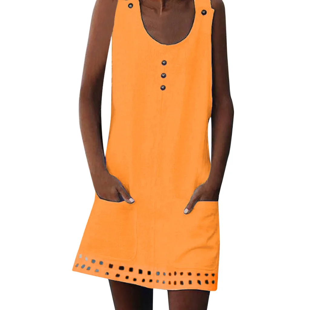 

Women Dresses Summer Boho Summer Casual Button Pockets Sleeveless Dress Beach Dress Solid O-Neck Elegant Robe 3.19