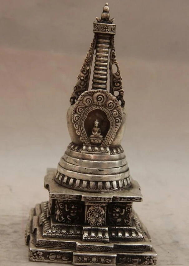 

S1570 China White Copper Silver Buddhism Temple Pagoda Stupa Dagoba Tower Statue D0318