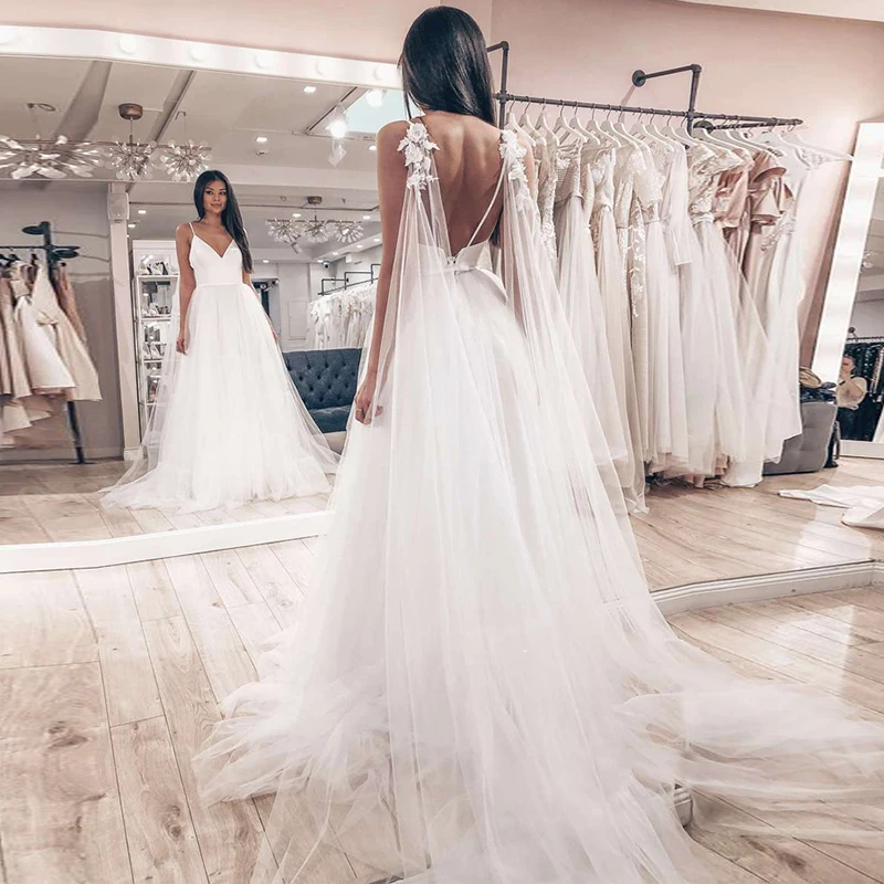 

Verngo Simple A Line Wedding Dress Beach Wedding Gowns Applique Tulle Sweep Train Bride Dress Custom made Vestido de noiva