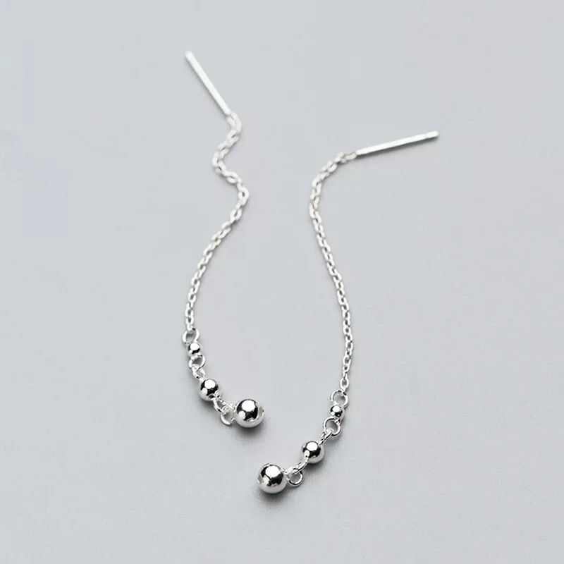 

100% Real 925 Sterling Silver Drop Earrings Long Tassel Round Beads Simple Style Fashion Fine Jewelry for Women E9214