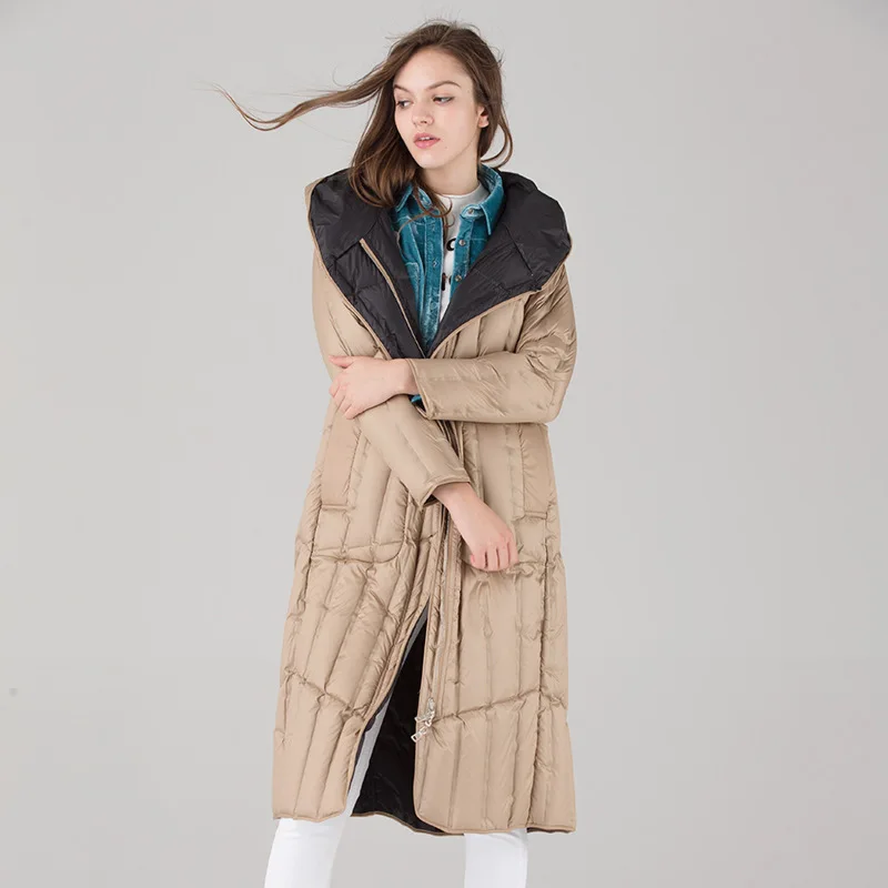 

Free shipping 2018 new style apricot wine white Duck Down Hooded Jackets Casual Two Side Wear Long Female Overcoat down coat