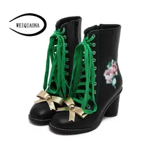 2016 Autumn winter Women Ankle Boots Golden bow-knot Flowers Lace-Up Martin boots high heels gothic shoes zapatos mujer