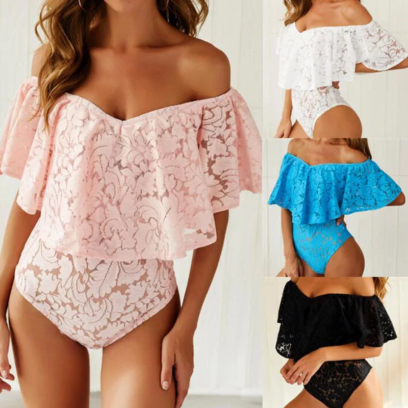 Women Lace Bodysuit Sexy Strapless shoulder Ruffle Playsuit Romper Ladies Backless Long Sleeve Hollow Out Body Suit Overall