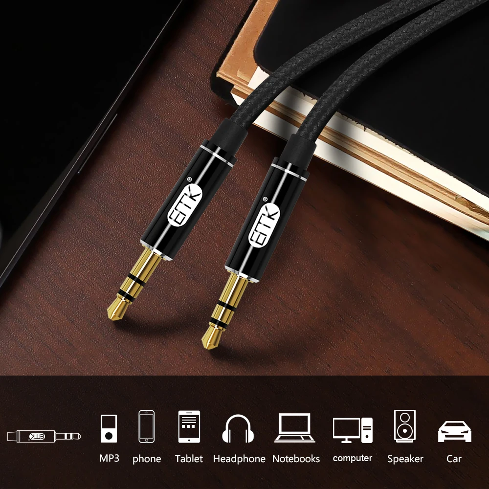 EMK Aux Cable 3.5mm Jack Gold Plated Male to Male 3.5 mm Audio Cable Round Aux Cord for iphone/Car/Headphone/speaker/MP3/MP4