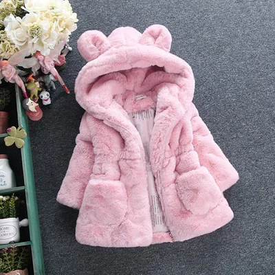 YATFIML/ модные осенне-зимние куртки с искусственным мехом; плотная одежда с капюшоном; куртка с медвежонком для малышей; шерстяное пальто для девочек; От 0 до 6 лет - Цвет: pink