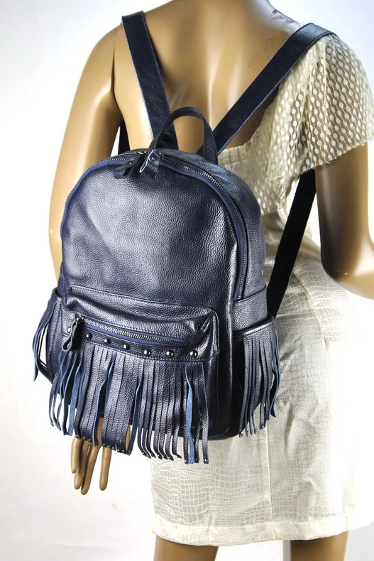 Женский натуральный кожаный рюкзак с бахромой и бахромой в стиле панк рок-мешок для школы, модный Повседневный Кошелек на плечо для путешествий