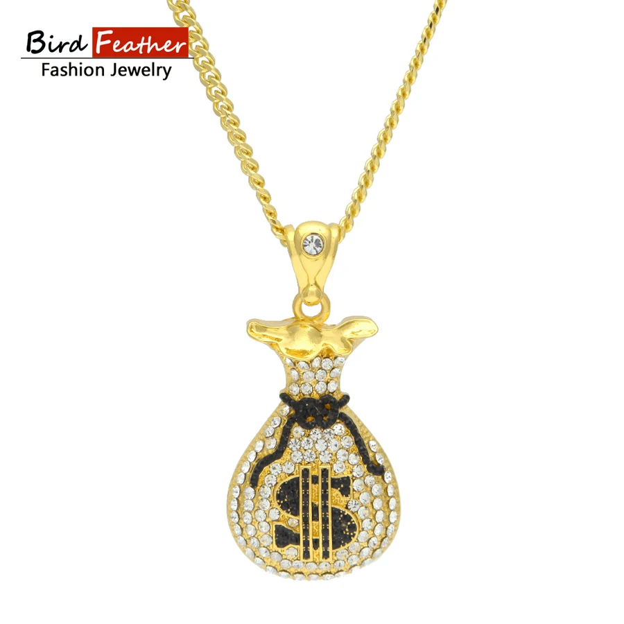Bird Feather Copper Necklace for men women Money Bag Full stone Alloy Pendant Chain Necklaces