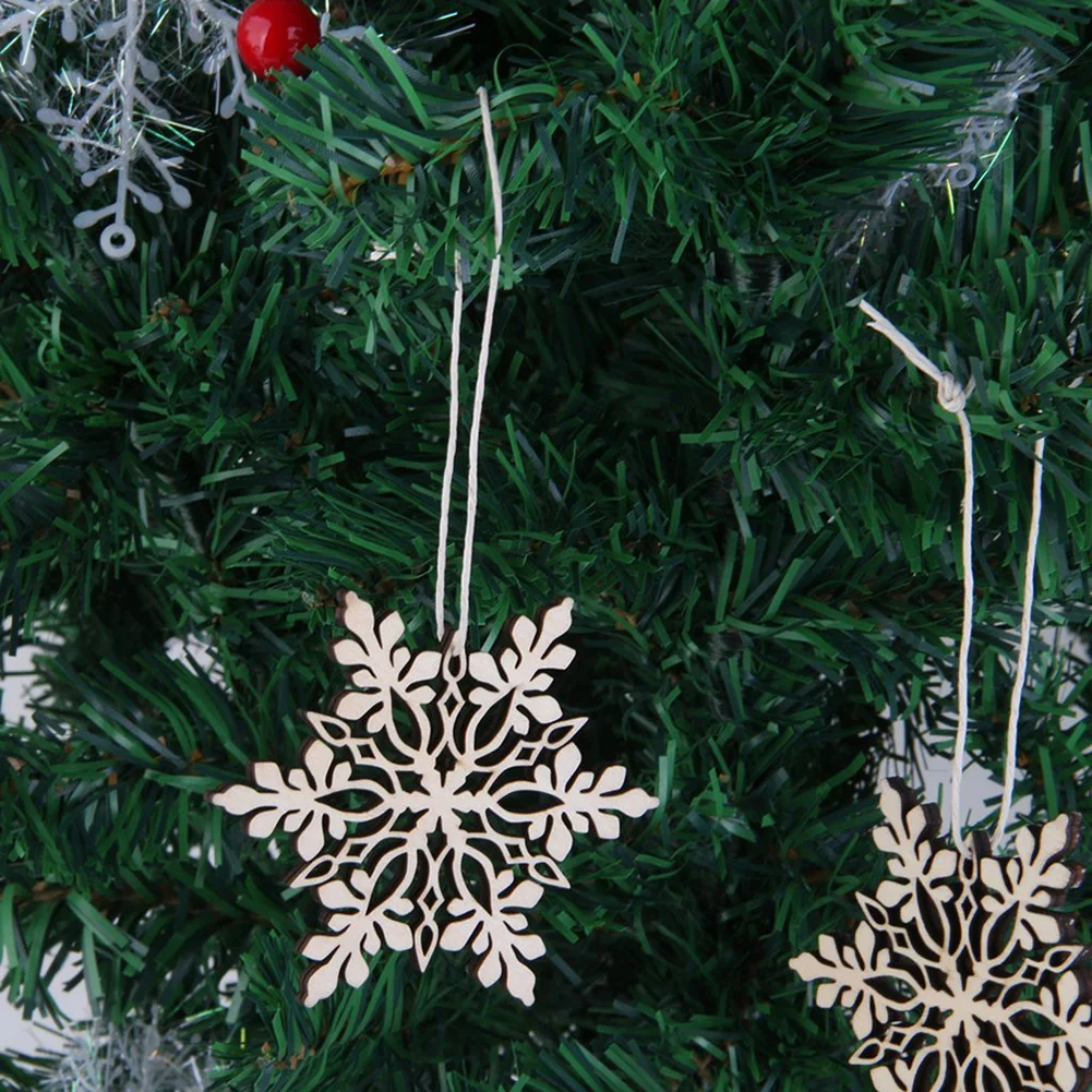 10pcs Snowflake Wooden Embellishment Christmas Tree Ornament For Home